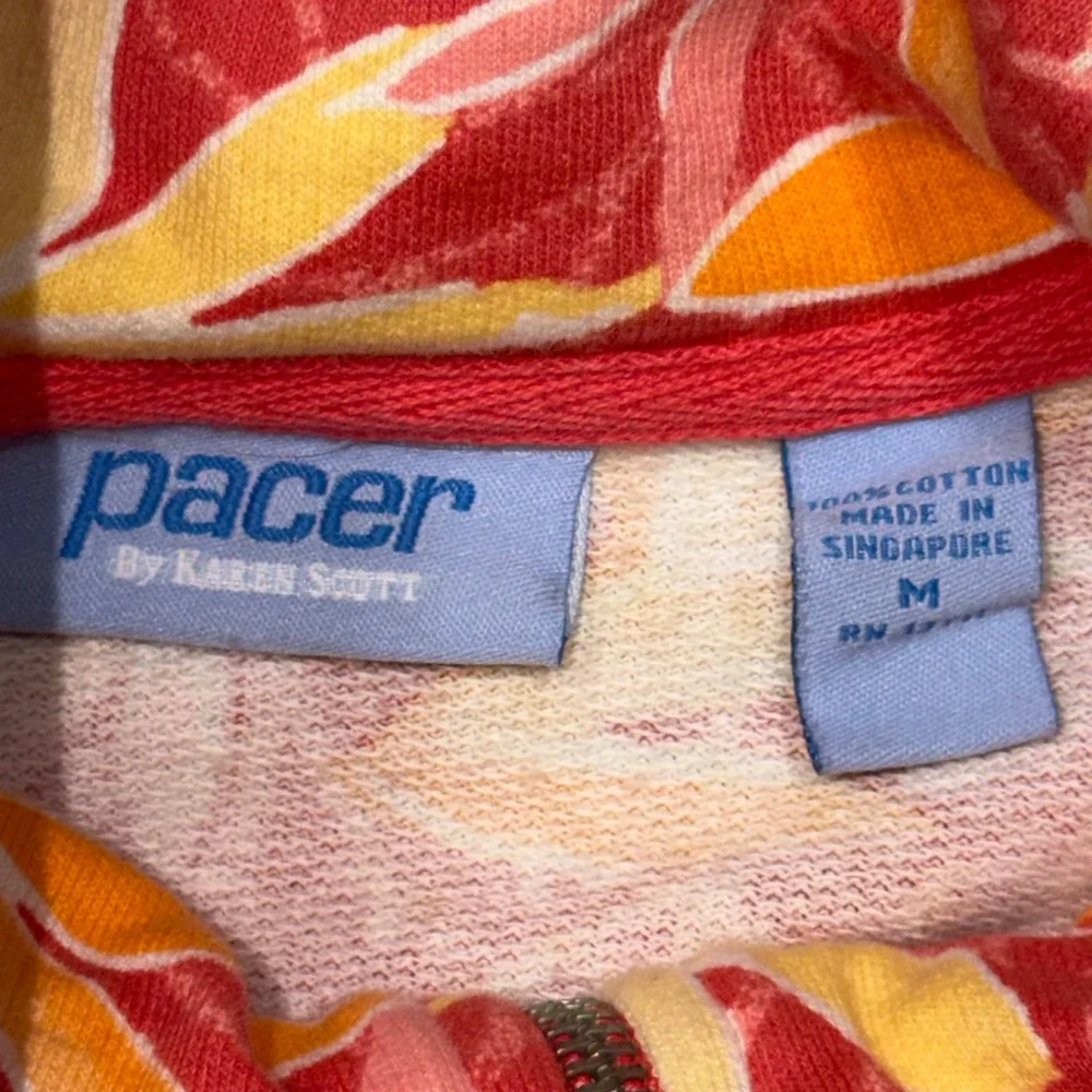 Tropical Floral Full Zip Mock Neck Jacket Red Orange Yellow Cotton Size M Casual